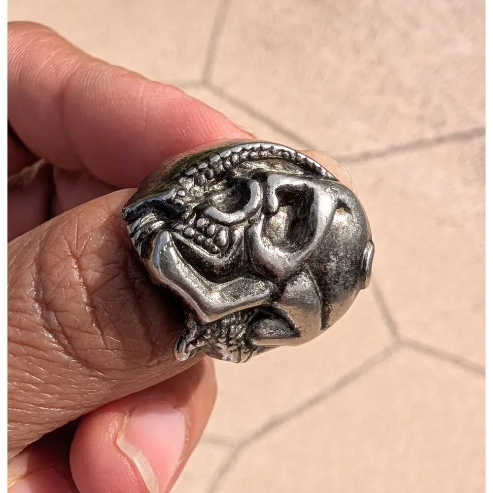 Vintage Silver Skull Ring Abstract Biker Style size 8 Gothic Chunky Adjustable